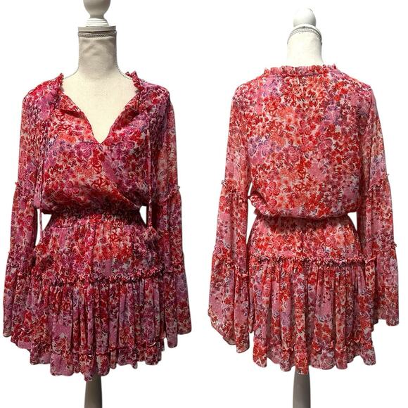 Misa Los Angeles Dresses & Skirts - MISA Los Angeles Leeva Pink Floral Bell Sleeve Mini Ruffle Dress Women’s XS